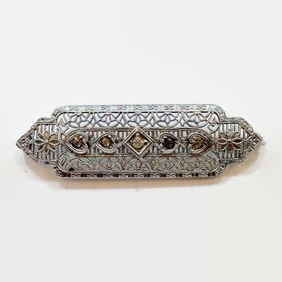 Jewelry - Filigree Brooch, Art Deco, Rhodium Plated, Edwardian, 20s, 30s, Silver, Antique